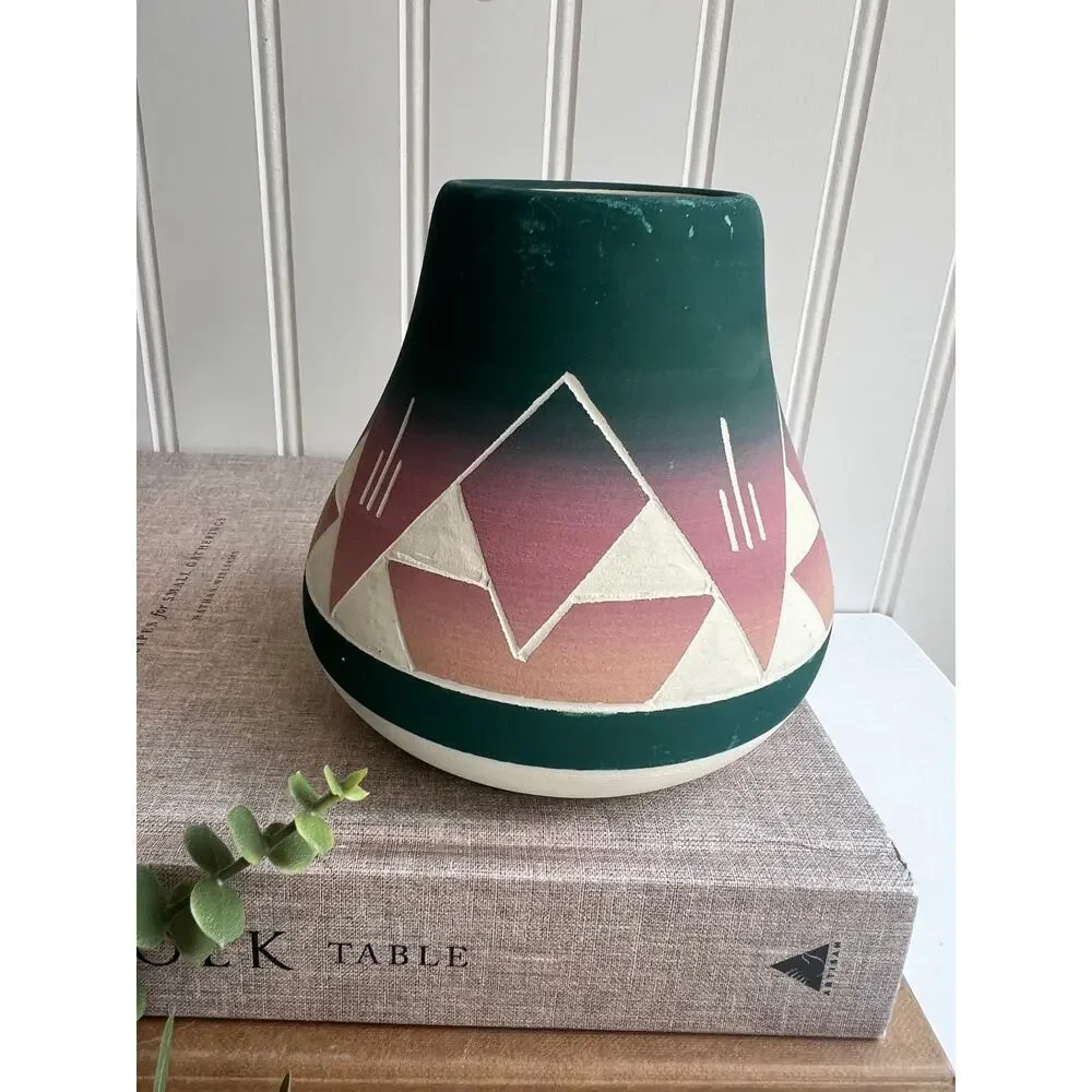 Vintage Sioux Native American Pottery Vase Signed Blue Green Pink Flare Bottom